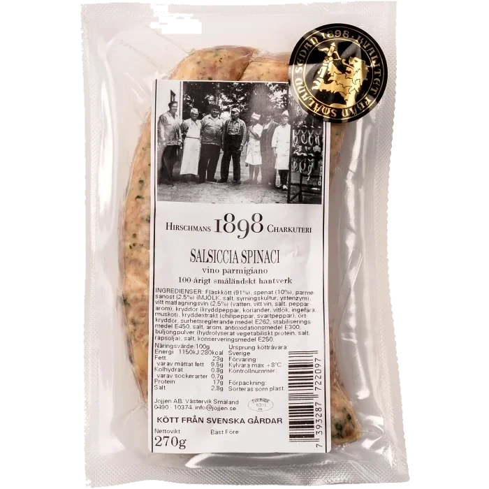 Kryddkorv Salsiccia Spinaci Vino parmigiano 270g Hirschmans Charkuteri