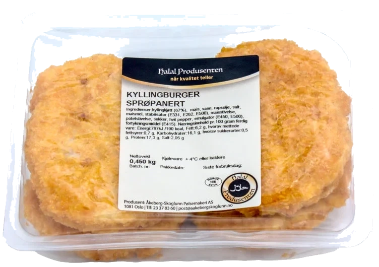 HALALPRODUSENTEN Kyllingburger Sprøpanert 450g