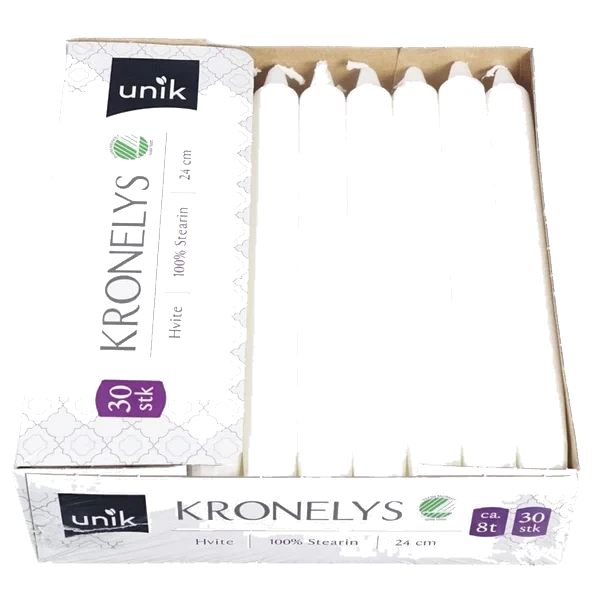 Kronelys Hvit 100% Stearin 24cm 30stk Unik