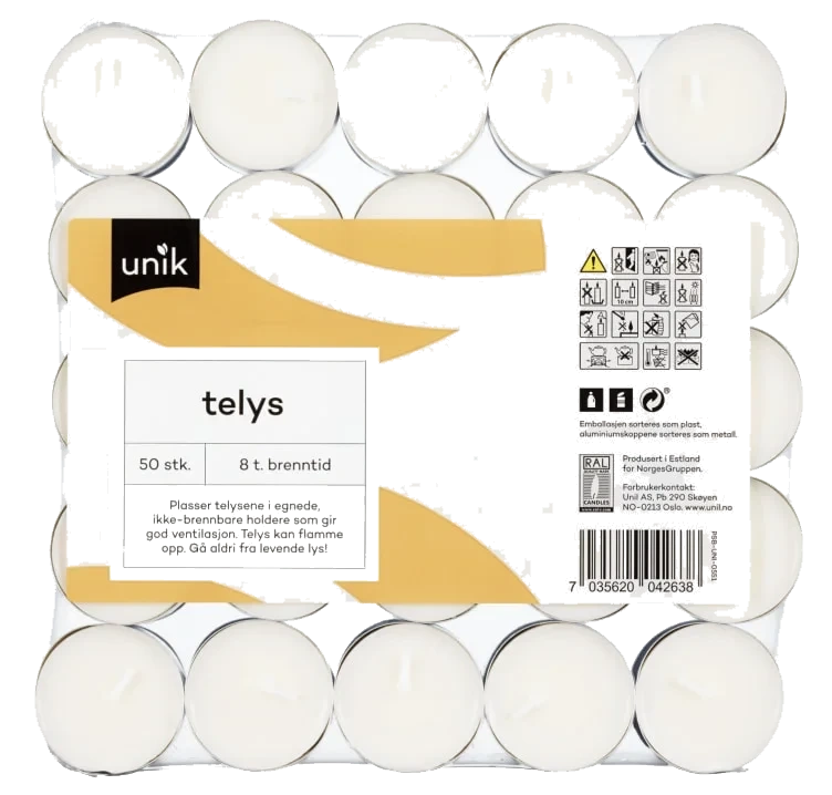 Telys Hvit 8t 50stk Unik