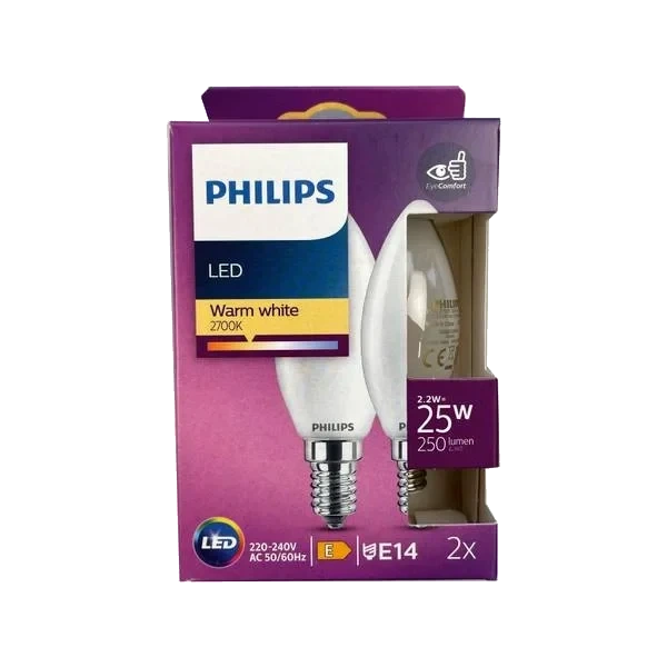 Led Classic 25w E14 Mignon Varmhvit Farge Frostet 2pk Philips