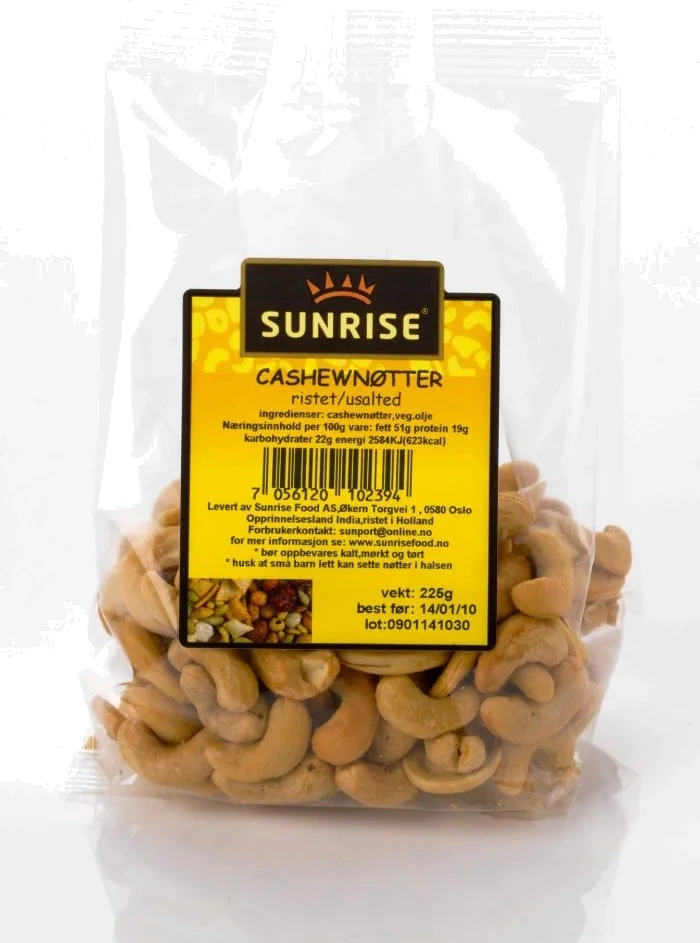 Sunrise Cashewnøtter Ristet Usaltet 180g