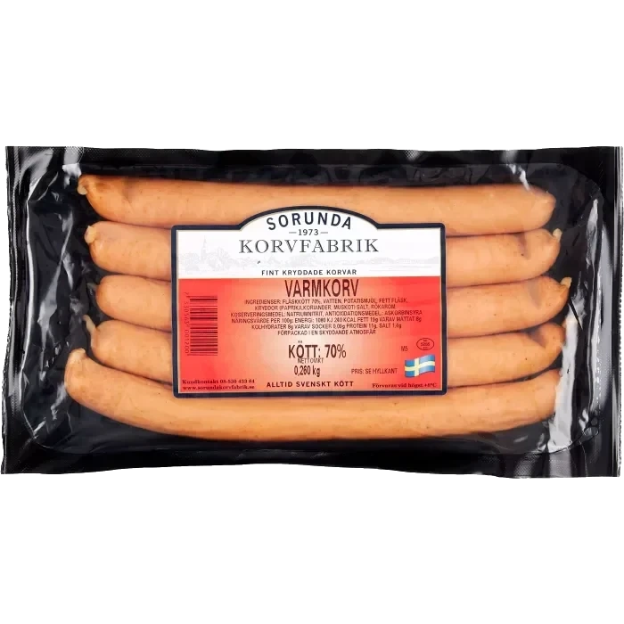 Varmkorv 70% kötthalt 260g Sorunda Korvfabrik