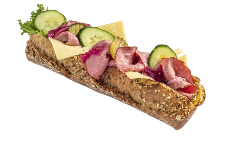 Grov baguette m/pastrami av norsk Angus