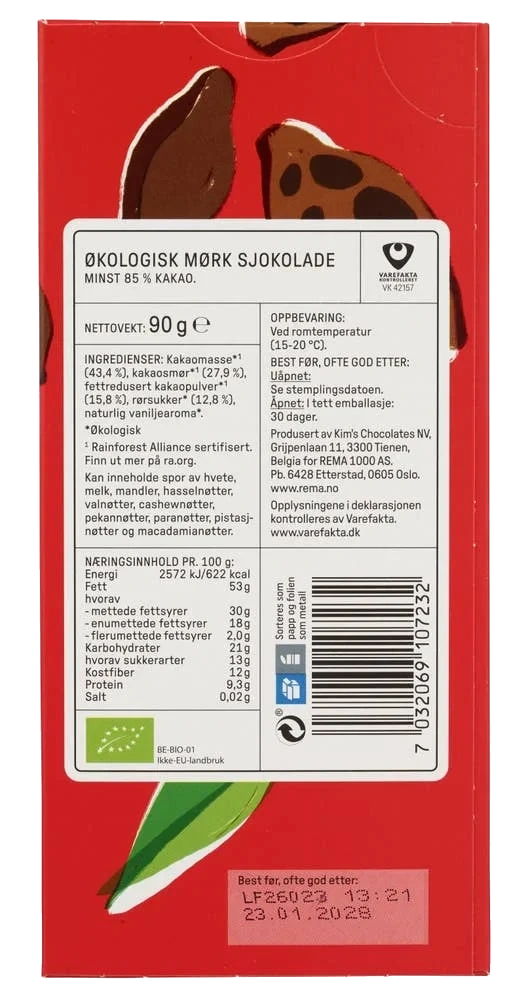 Økologisk mørk sjokolade 85%